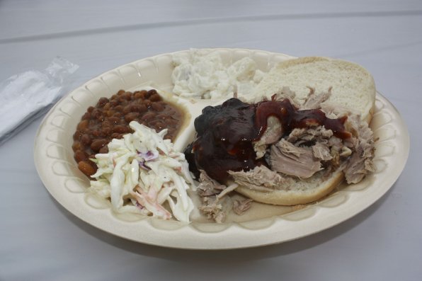 Pulled pork, potato salad, coleslaw and baked beans? That’s just a good old-fashioned meal.