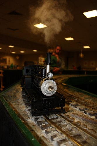 A Shay steam engine, powered by live steam, whizzes down the track as Ian McSweeney and son Dylan, 3, look on.