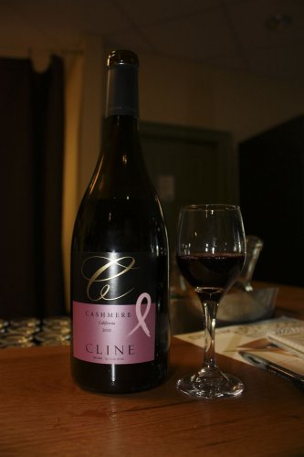 Cline Cellars’ Cashmere, a dark, mysterious red wine with hints of chocolate and black pepper. Cline donates money annually to the National Breast Cancer Foundation, hence the pink ribbon.