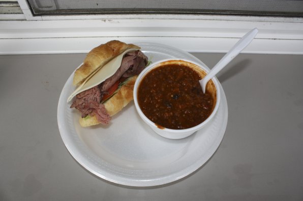 A roast beef sandwich and Cimo's delectable sweet chili.