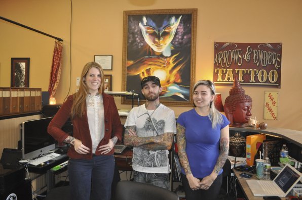 Left to right, Rebeka Sobodacha, Sean Ambrose and Chrissy Clouthier at Arrows & Embers Tattoo.