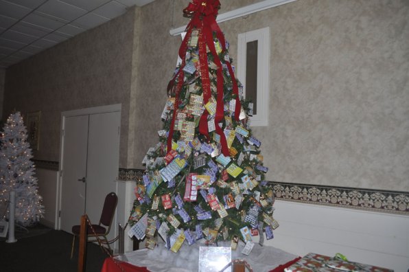 The scratch ticket tree, donated annually in memory of David Balfour and boasting more than $800 in tickets.