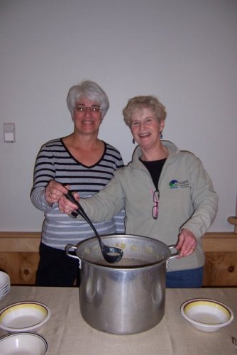 Lea Caron and Kathleen Brockett help serve up some tasty soup at the Audubon's McLane Center.
