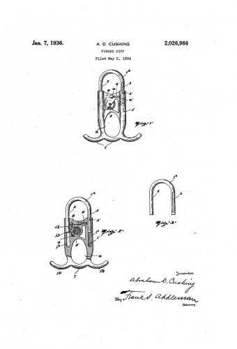 The patent for Abraham Cushing’s finger cuffs.