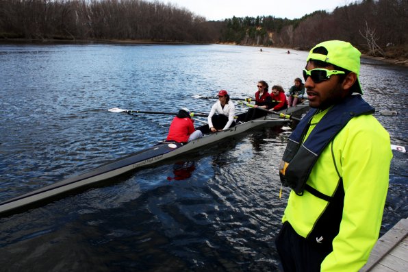 Mohan Mandali, one of the team’s coxswains, observes from the dock.