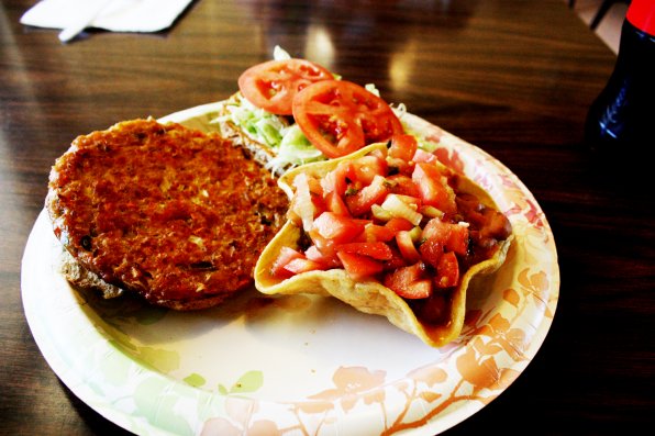 A veggie burger (with homemade patty!) and a tortilla bowl bursting with beans and fresh salsa make for a top-notch lunch from the Sandwich Depot. All aboard the flavor train!