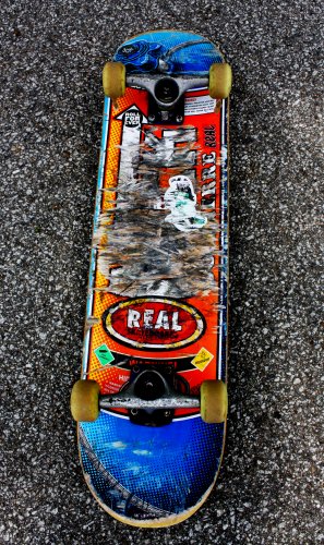 Some of the colorful board art that adorns local skaters’ decks.