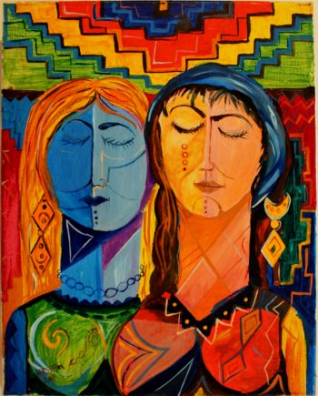 “Two Women,” an acylic painting by Hassan Hindal.