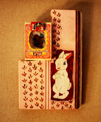 “Bunny on Wood,” a mixed-media piece by Carla Roy.