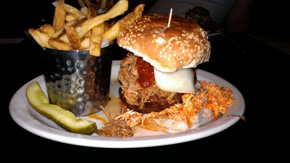 It’s time for the meat stack! Pulled pork, beef burger and shredded buffalo chicken make up the “Big As A House” burger. It’s literally a balanced meal.