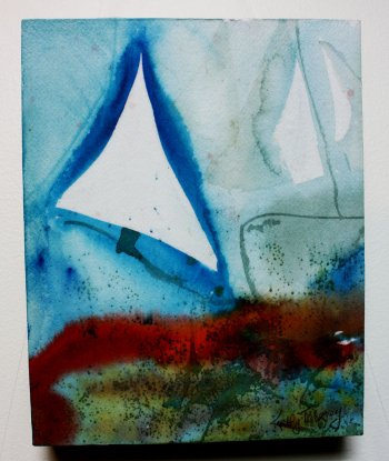 “Sails Tipping” by Kathy Tangney, watercolor on panel.