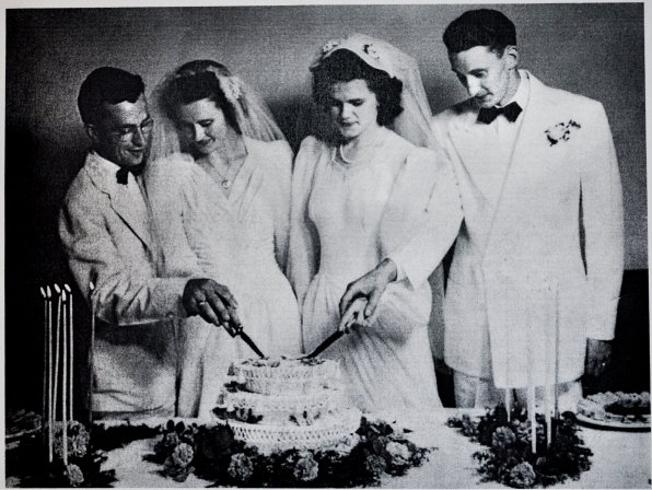 Bunny and Cap (right) on their wedding day in 1942, alongside Bunny’s sister, Helen, and her husband, Leonard Haubrich, Jr. The couples married in a double ceremony.