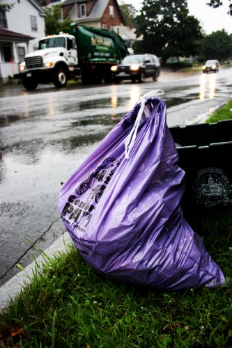 The first step is to get your purple “pay as you throw” trash bag out to the curb. Make sure it’s out there by 7 a.m., folks – that’s the deadline!