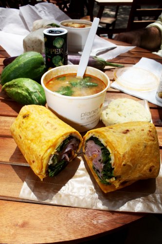 A "Bit of a Bite" wrap and some chicken & corn chipotle soup out on the patio at the Soup Gallery.