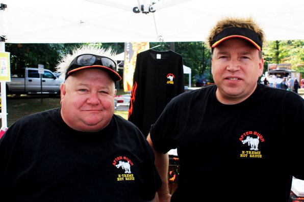 Just a couple of Guys. George Beck and Doug Parker of Afterburn Hot Sauce and Beef Jerky were in full Fieri garb as they hawked their wares.