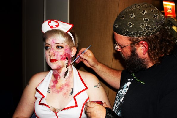 First, Fitz applied makeup to zombie pinup girl Kirst Callahan. With all the infected headed to hospitals during a zombie takeover, nurses would be the first to go!