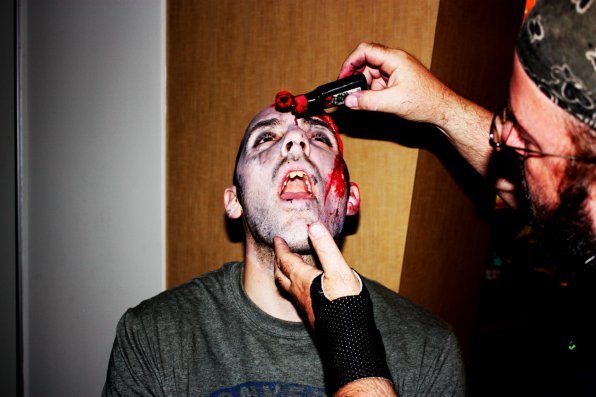 For a finishing touch, a little black food coloring in the mouth to simulate the saliva of one on a strictly flesh-based diet. Hey, what happens to vegan zombies, anyway?
