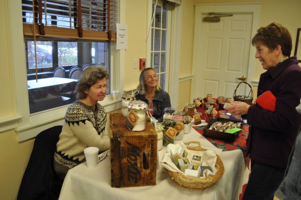 Peggy Lynch chats with crafters Janet King and Tyler Moser.