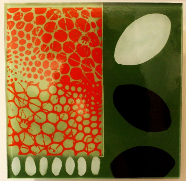 “Untitled (orange/green pattern),” Shandra McLane, fused glass.