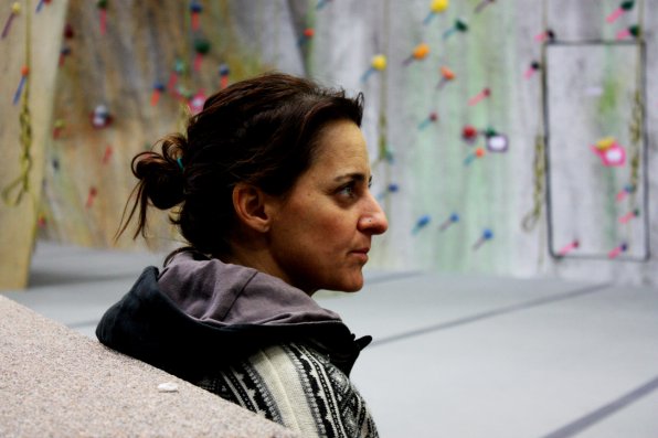 Hilary Harris in her new rock-climbing facility at Evolution Rock and Fitness