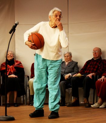 Blanche Roberts whistles a foul on herself for not wearing her green-and-white polka-dotted bloomers to the big basketball game.