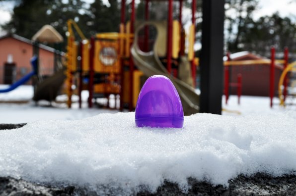 The playground of Keach Park is a little bleak with all this snow on the ground, so we brightened it up with this purple egg. Will you be the first to find it? It all depends on how much you love candy (actually, that might mean we will track it down first!).