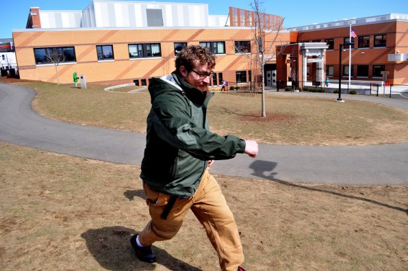 Don’t get the wrong idea – Insider Editor Ben Conant isn’t running away from school! He’s just trying to avoid the inevitable freezing tag at the hands of a third-grader (obscured in this photo by Conant’s not-quite-third-grader-sized body) during recess at Christa McAuliffe Elementary.