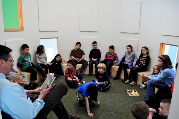 Then, it was time to relax, as Mr. Pelletier took us up to the story room to read some chapters from The Tiger Rising by Kate DiCamillo. The round room was an awesome, calming location to really dig in to the story.