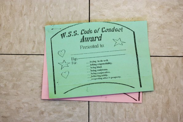 Mrs. Hall’s second-grade class included these pink and green slips, which were used for “trouble and rewards.”