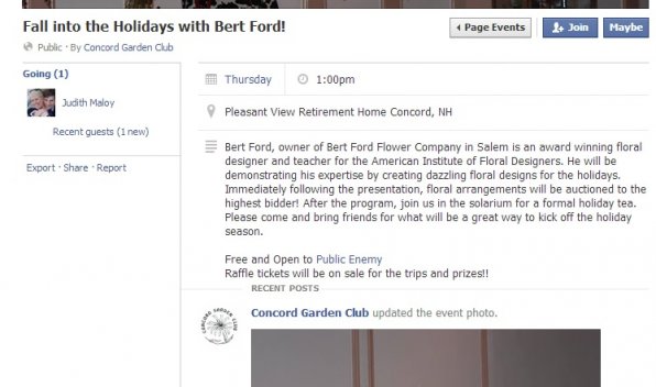 The wonders of Facebook bring us this screen shot, in which the Concord Garden Club invited more than just local flower aficionados to its event last Thursday at Pleasant View Retirement Home. Turns out the event was free and open to Public Enemy! It’s not the soundtrack one typically associates with gardening, but, good for them for trying to reach a new and untapped audience. No word on whether the rap group that originated in the ’80s made an appearance, but there’s no doubt the invite was enticing. There’s no better venue to work on some sick new rhododendron rhymes.