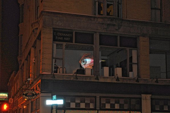 This 3-D eyeball, which blinks and looks around, resides in Thomas Devaney’s art studio over Main Street.