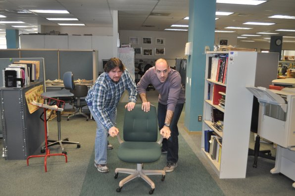 Tim and Keith moments before a gold-medal run in the office chair bobsled. Not pictured: Bob. Or 20 seconds later when both Tim and Keith took a dive.