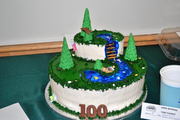 This cake is an exact replica of the Audubon Fields, pond and fish ladder. We believe the scale is 1 to 571.