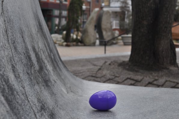 This egg has been around since the bicentennial, when purple eggs were first hailed for their heart-healthy characteristics. Of course, none of that is true. But what is true is that this egg is in Bicentennial Square, on a sweet, curvy stone. At least that’s where we left it.