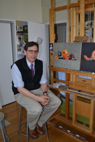 Colin Callahan in his studio at St. Paul’s School. Callahan is one of 26 artists to have donated work for the 15th annual shindig this Friday. Not that it’s anything new for Callahan – he’s contributed three times.