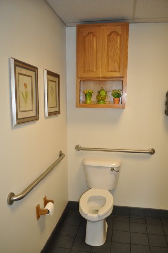 Perhaps the first ever photo of a toilet in the Insider, complete with framed flower art on the left and a cabinet nicer than most of the things we own on the back wall. Also, safety bars galore!