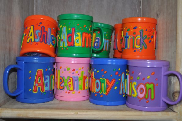 Caring Gifts (18 N. Main St.) may not seem like a back to school haven, but it had a ton of useful stuff, like these colorful mugs with names on them. Think of them as those trendy Coke cans without all the high fructosy stuff. Now your child will never be left out during espresso time, which is a huge part of the school day.