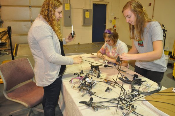 <strong>Recycled Cycles</strong></p><p>The team of Lindsay Feinman, Elizabeth Pockl and Jeanne Clark tinker with wires that connect to other wires and make bikes do bike things (forgive the techical jargon).