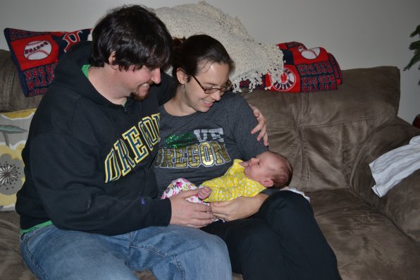 Tim and Mary spend some quality couch time with Sophie Tomma Goodwin, the newest member of the family.  As you can see, Oregon indoctrination has already begun.