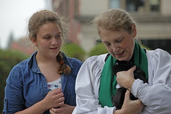 Maria Bailey of Epsom looks on as Atkinson blesses her rabbit, Robbie.