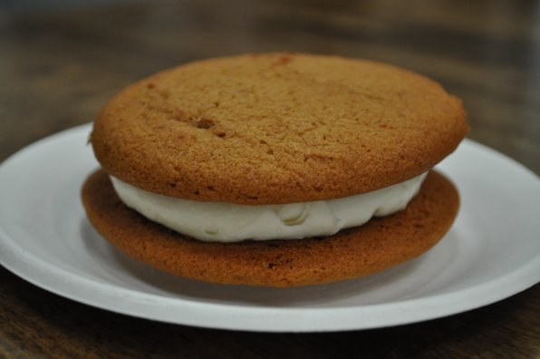 Full disclosure: pumpkin cake and cream cheese filling, when combined in whoopie pie form, is one of our greatest weaknesses. We found this kryptonite at the Crust & Crumb.