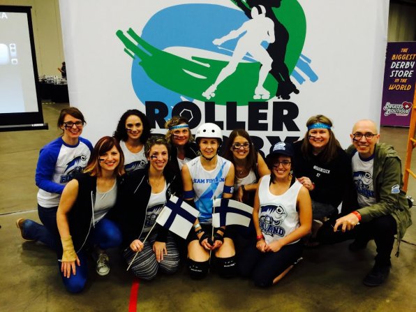 A contingent of Granite State Roller Derby skaters made the trip to Dallas to support teammate Essi Ronkko in her quest for world domination – on the track of course. From left: Emily Stonehouse, Karen Forest, Becca Karp, Rachael Taylor-Garvin, Roxanne McCaig, Essi Ronkko, Joanna Trottier, Maddie Cole, Jen Nickulas and Adrian Randolph.