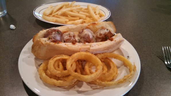 Line ’em up! Golden french fries, homemade meatballs and crispy onion rings at Barous’ Family Restaurant on Fort Eddy Road.