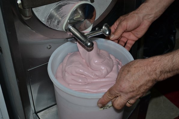 Look at all that delicious ice cream coming right out of the mixer. We tried it and it actually tastes like ice cream, just not as frozen.