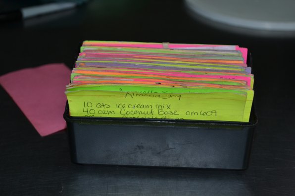 The box of recipes, complete with neon cards.