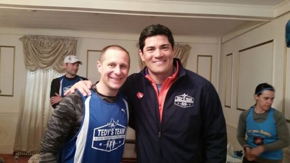 Concord’s Jeremy Woodward ran the Boston Marathon last week for Tedy’s Team, started by the other guy in this picture. You may have heard of him, Tedy Bruschi. He won three Super Bowl titles playing linebacker for the New England Patriots. It’s really no big deal or anything, unless you’re a Pats fan – then it’s a really big deal. Hey Jeremy, can you introduce us to Tedy?