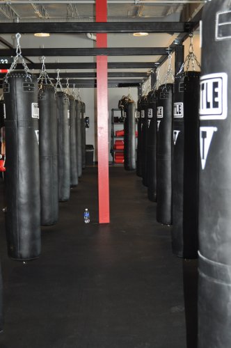 There are more than 40 heavy bags, each weighing 100 pounds, hanging from the ceiling just waiting for you to beat the bejesus out of.