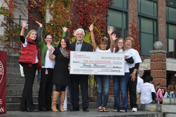 Show of hands – who thinks it’s super cool that Concord High School donated $20,000 to The ALS Association in support of CHS principal Gene Connolly last Tuesday morning? Susan Farrelly, Rebecca Malloy, Amy Coyne (from the ALS Foundation), Connolly, Lisa Lamb, Sara Pratt and Linda Moulton do!