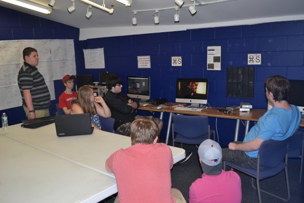 Members of the Concord High School Film Society spend some of their weekly meeting watching “Exit 7A,” a film submitted by Hammer & Saw Films, for the upcoming film festival on May 27.