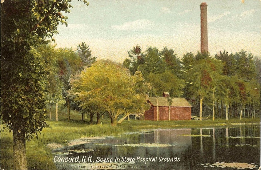 This is the serenely-named Asylum Pond on the State Hospital grounds on Pleasant Street, courtesy of reader Earl Burroughs. Based on that kind of creative naming criteria, we can only assume other items featured in this photo include redish shedlike building and super tall skinny smokestacky thing.